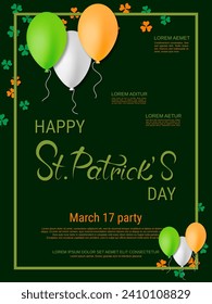 St.Patrick's Day vector flyer template. Green background with colorful clover leaves