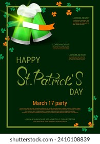 St.Patrick's Day vector flyer template. Green background with colorful clover leaves