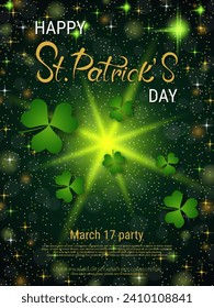 St.Patrick's Day vector flyer template. Green background with colorful clover leaves