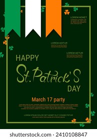 St.Patrick's Day vector flyer template. Green background with colorful clover leaves