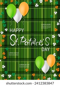 St.Patrick's Day vector flyer template. Green plaid background with colorful clover leaves