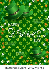 St.Patrick's Day vector flyer template. Green pattern background with colorful clover leaves