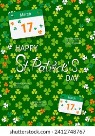 St.Patrick's Day vector flyer template. Green pattern background with colorful clover leaves