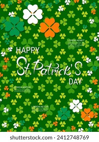 St.Patrick's Day vector flyer template. Green pattern background with colorful clover leaves