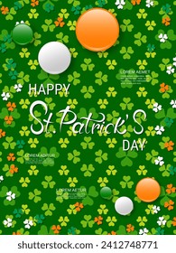 St.Patrick's Day vector flyer template. Green pattern background with colorful clover leaves