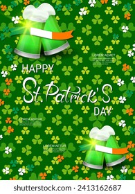 St.Patrick's Day vector flyer template. Green pattern background with colorful clover leaves