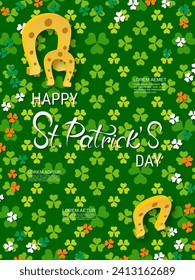 St.Patrick's Day vector flyer template. Green pattern background with colorful clover leaves