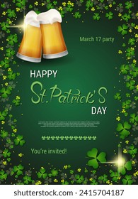 St.Patrick's Day vector flyer template. Green gradient background with clover leaves and design elements