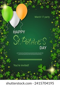 St.Patrick's Day vector flyer template. Green gradient background with clover leaves and design elements