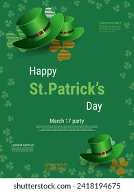 St.Patrick's Day vector flyer template. Green background with clover leaves and design elements