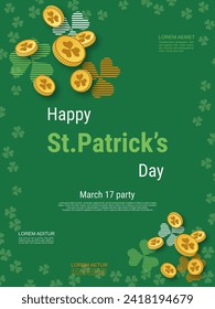 St.Patrick's Day vector flyer template. Green background with clover leaves and design elements