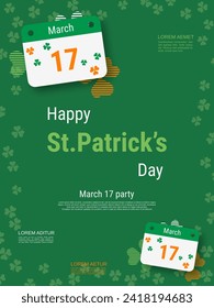 St.Patrick's Day vector flyer template. Green background with clover leaves and design elements