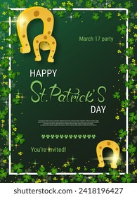 St.Patrick's Day vector flyer template. Green gradient background with clover leaves and design elements