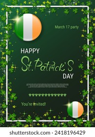 St.Patrick's Day vector flyer template. Green gradient background with clover leaves and design elements