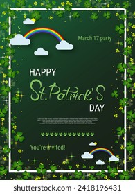 St.Patrick's Day vector flyer template. Green gradient background with clover leaves and design elements