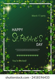 St.Patrick's Day vector flyer template. Green gradient background with clover leaves and design elements