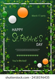 St.Patrick's Day vector flyer template. Green gradient background with clover leaves and design elements
