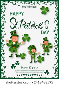 St.Patrick's Day vector flyer template. White background with green frame, clover leaves and design elements