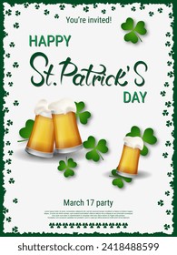 St.Patrick's Day vector flyer template. White background with green frame, clover leaves and design elements