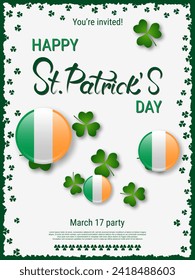 St.Patrick's Day vector flyer template. White background with green frame, clover leaves and design elements