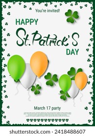 St.Patrick's Day vector flyer template. White background with green frame, clover leaves and design elements