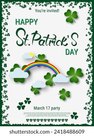 St.Patrick's Day vector flyer template. White background with green frame, clover leaves and design elements
