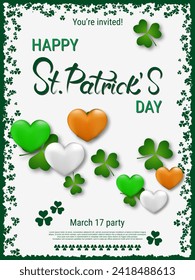 St.Patrick's Day vector flyer template. White background with green frame, clover leaves and design elements