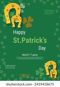 St.Patrick's Day vector flyer template. Green background with clover leaves and design elements