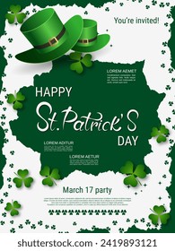 St.Patrick's Day vector flyer template. White background with clover leaves and design elements