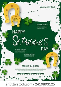 St.Patrick's Day vector flyer template. White background with clover leaves and design elements