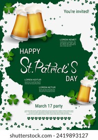 St.Patrick's Day vector flyer template. White background with clover leaves and design elements