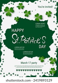 St.Patrick's Day vector flyer template. White background with clover leaves and design elements