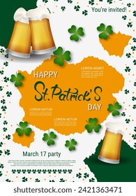 St.Patrick's Day vector flyer template. White background with clover leaves and design elements