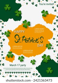 St.Patrick's Day vector flyer template. White background with clover leaves and design elements