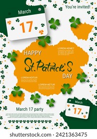St.Patrick's Day vector flyer template. White background with clover leaves and design elements