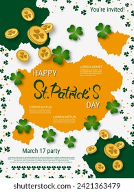 St.Patrick's Day vector flyer template. White background with clover leaves and design elements