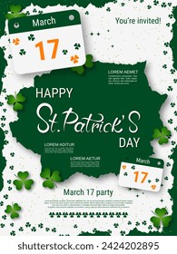St.Patrick's Day vector flyer template. White background with clover leaves and design elements