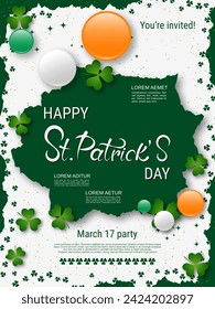 St.Patrick's Day vector flyer template. White background with clover leaves and design elements