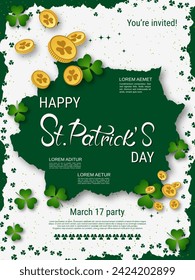 St.Patrick's Day vector flyer template. White background with clover leaves and design elements