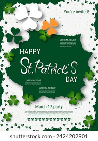 St.Patrick's Day vector flyer template. White background with clover leaves and design elements