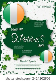 St.Patrick's Day vector flyer template. White background with clover leaves and design elements