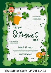 St.Patrick's Day vector flyer template. White background with clover leaves and design elements