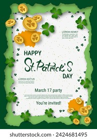 St.Patrick's Day vector flyer template. White background with clover leaves and design elements