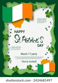 St.Patrick's Day vector flyer template. White background with clover leaves and design elements