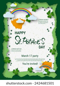 St.Patrick's Day vector flyer template. White background with clover leaves and design elements