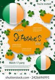 St.Patrick's Day vector flyer template. White background with clover leaves and design elements