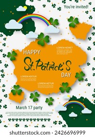 St.Patrick's Day vector flyer template. White background with clover leaves and design elements