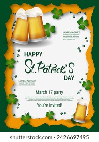 St.Patrick's Day vector flyer template. White background with clover leaves and design elements