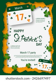 St.Patrick's Day vector flyer template. White background with clover leaves and design elements