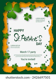 St.Patrick's Day vector flyer template. White background with clover leaves and design elements